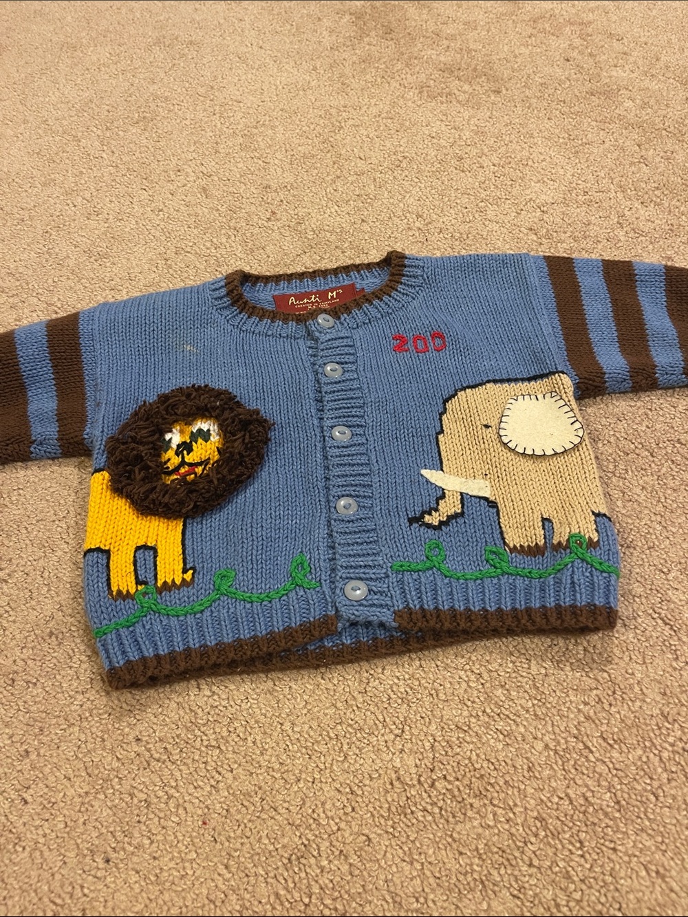Blue Animal Knit Cardigan with Lion & Elephant